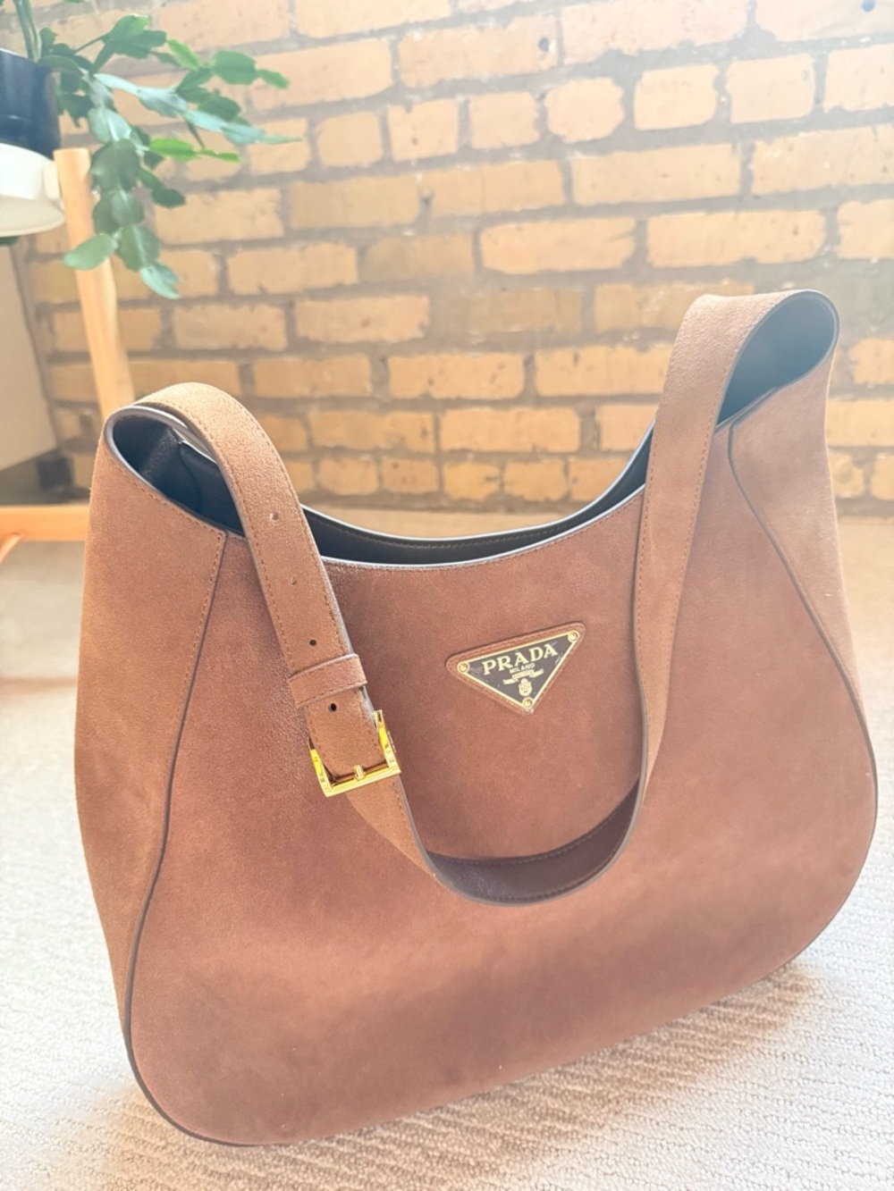 Prada Suede Brown Shoulder Hobo Bag with Dust Bag Authentic - Picture 6 of 8